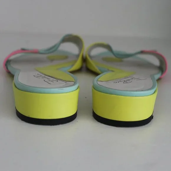 RARE RETRO Emilio Pucci Colorblock Leather Yellow Pink Green Slides Sandals 37.5 - Picture 7 of 11